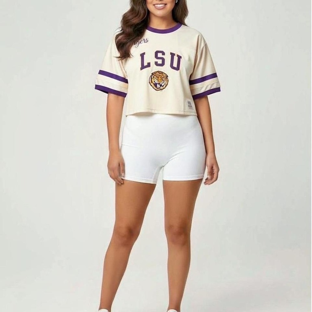 Mitchell & Ness LSU Tigers Cropped Yoke Tee Off White Purple SS11307-LSUOFWH L